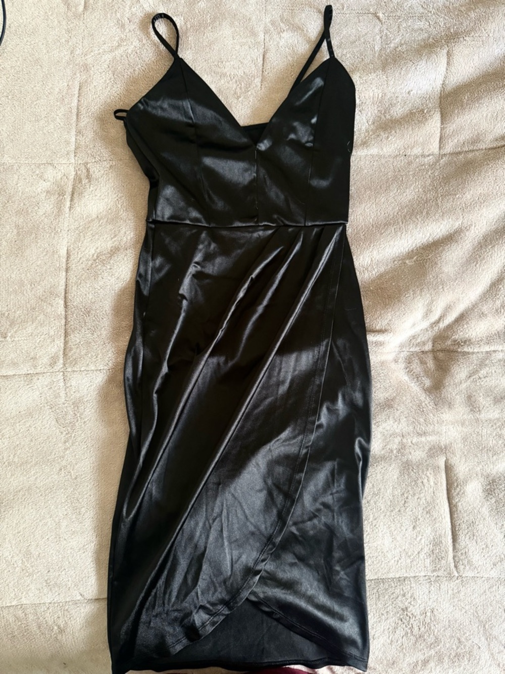 Black Satin Midi Slip Dress with V-Neck